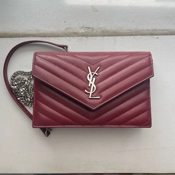 YSL Saint Laurent Monogram Cassandre WOC Mono Grain De Poudre Burgundy - Picture 2 of 13